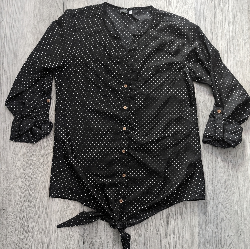 Twik Polka Dot hearts Black Knot Tie Blouse Size Large Goth Corporate Coquette